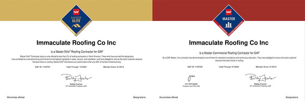Immaculate Roofing and Solar Company Certificate